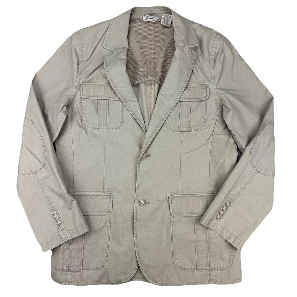 LL Bean Safari Field Jacket Blazer 40 Tall Tan Cotton Elbow‎ Patches Outdoor